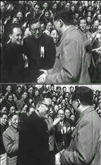 1957年4月14日在北京出席全国电影工作者联谊会成立大会。1949年到1955年优秀影片获奖者代表和出席全国电影发行放映先进工作者代表大会代表。图为毛主席接见时的情景。.jpg