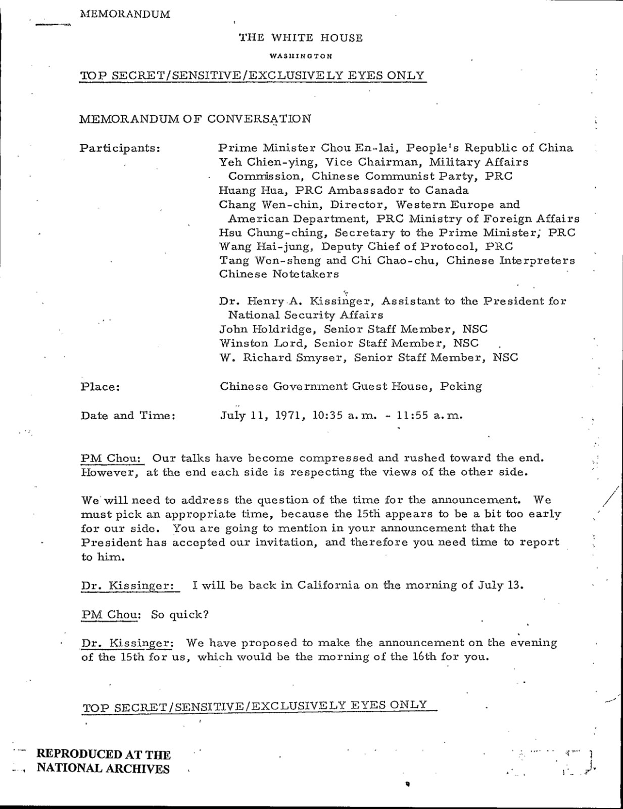 美国国家档案馆解密的1971年7月11日中美最后一次会议的美方会议记录（首页）.jpg